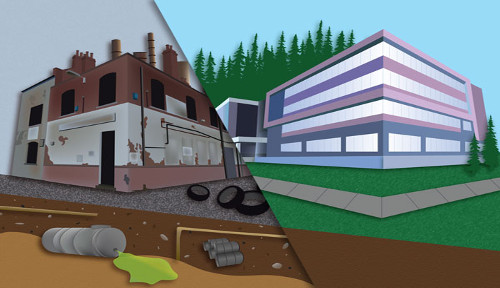 Graphic depicting revitalization of abandoned industrial building